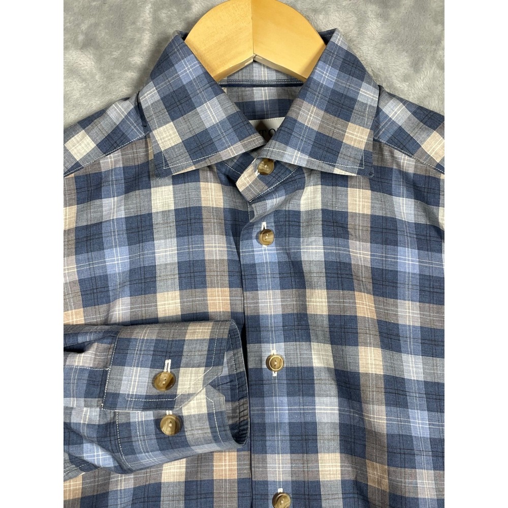 Eton Mens Slim Fit Plaid Button Up Shirt Blue Tan 14.5 37 Cotton Long Sleeve